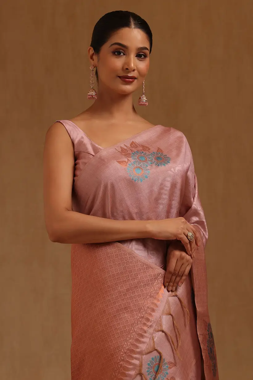 Onion Pink Tussar Zari Woven Design Saree